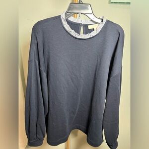 LOFT Navy Top with Striped Ruffle Detail